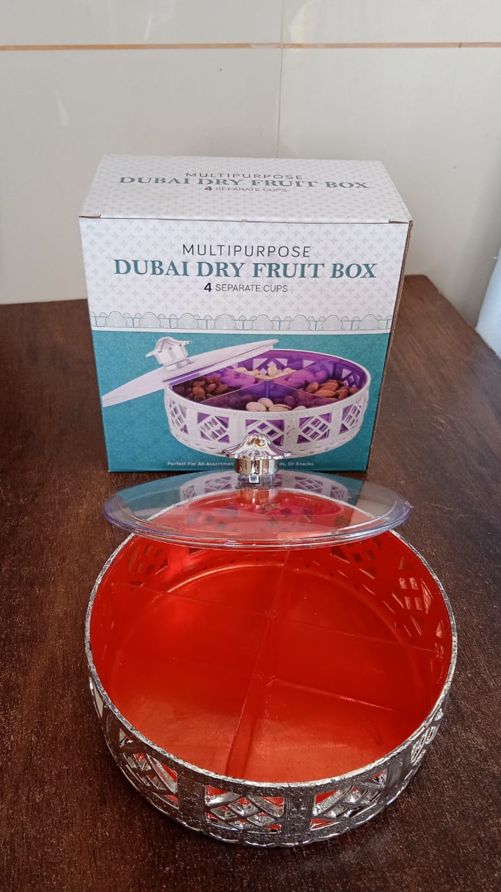 Multipurpose Dry Fruit Box 4 Section Dry Fruit Round Silver Gift Box (1 Pc) - Bhavnagar Deodap
