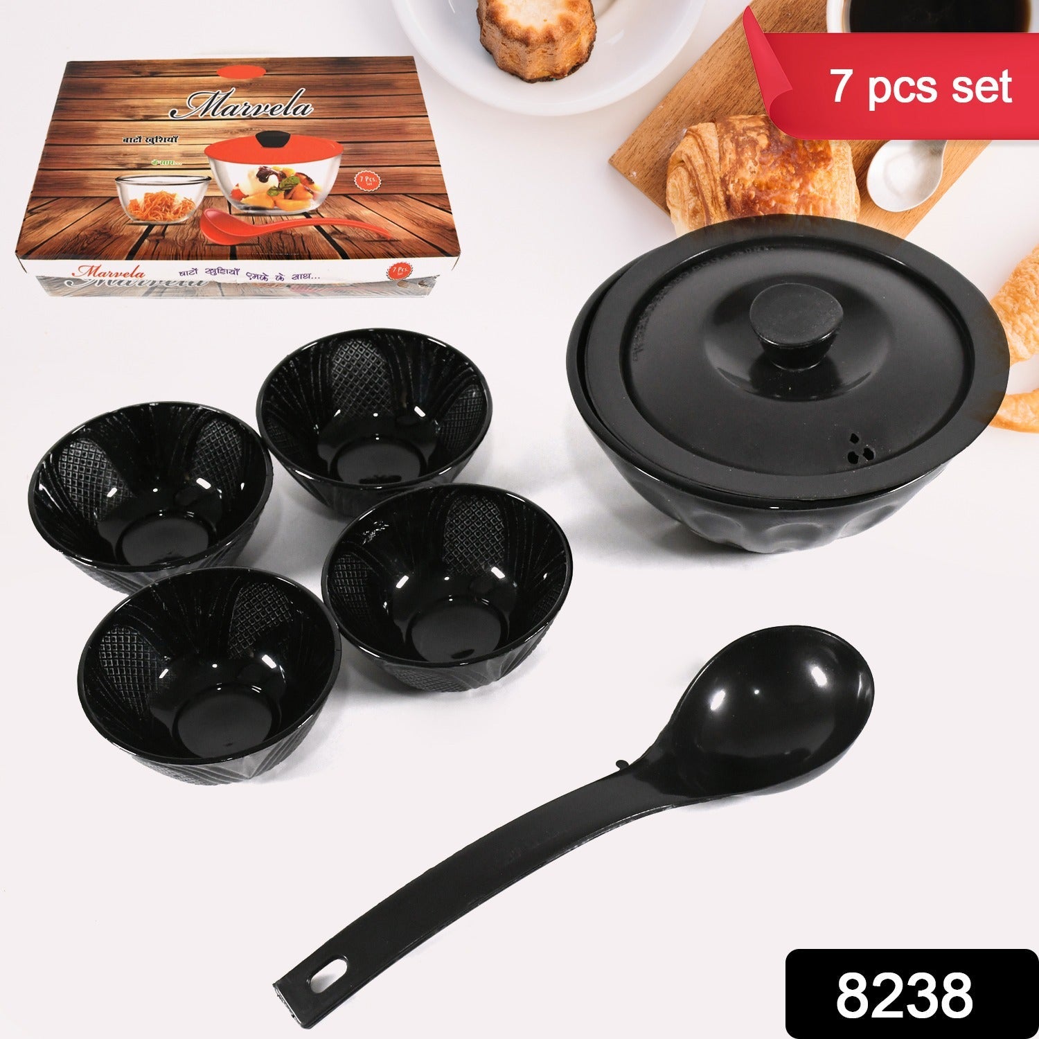 Marvela High Quality Dinning Dinner / Pudding Set 4 pcs Ceramic Medium Bowls, 1 Pc Ceramic big Bowl With 1 Pc Plastic Lid and 1 Pc plastic Serving Spoon, Lightweight Microwave, and Dishwasher Safe (7 Pcs set) - Bhavnagar Deodap