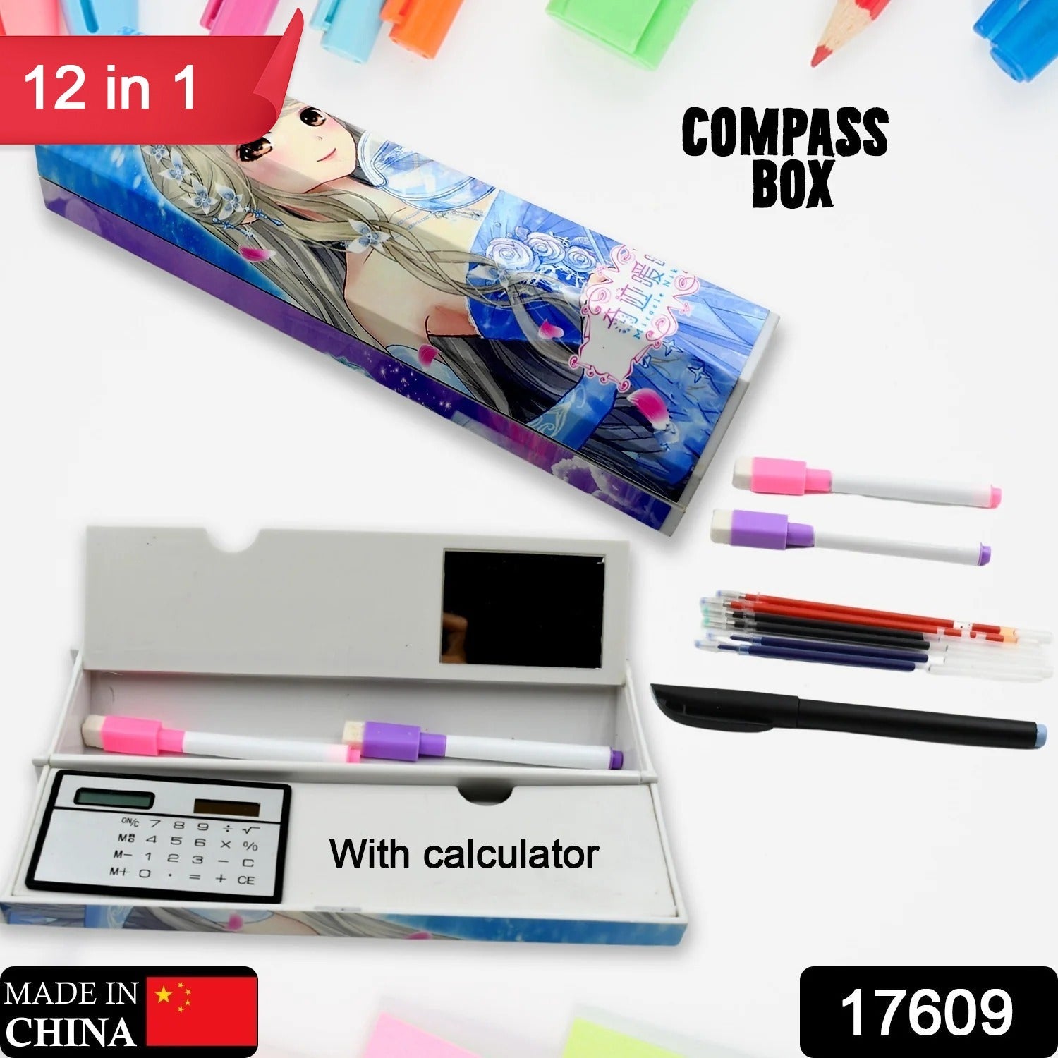 12 in 1 Compass Box, Geometry Box 2 Compartment, Pencil Box with 1 Calculator, 1 Mirror, Pen Refill 2 Black, 2 Blue, 2 Red, 2 Marker for Boys Art Plastic Pencil Box for Girls and Boys - Bhavnagar Deodap