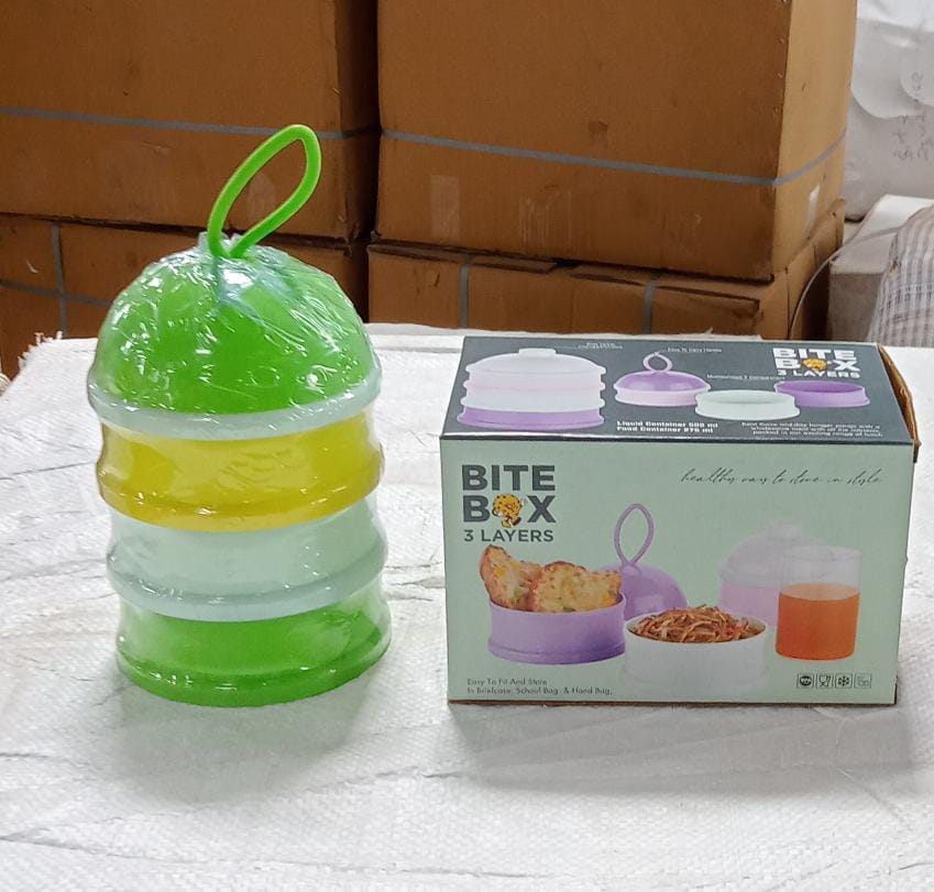 3 Layer Lunch Box Unique Design Bite Lunch Box With Liquid & Food Container Lunch Box (Green) - Bhavnagar Deodap