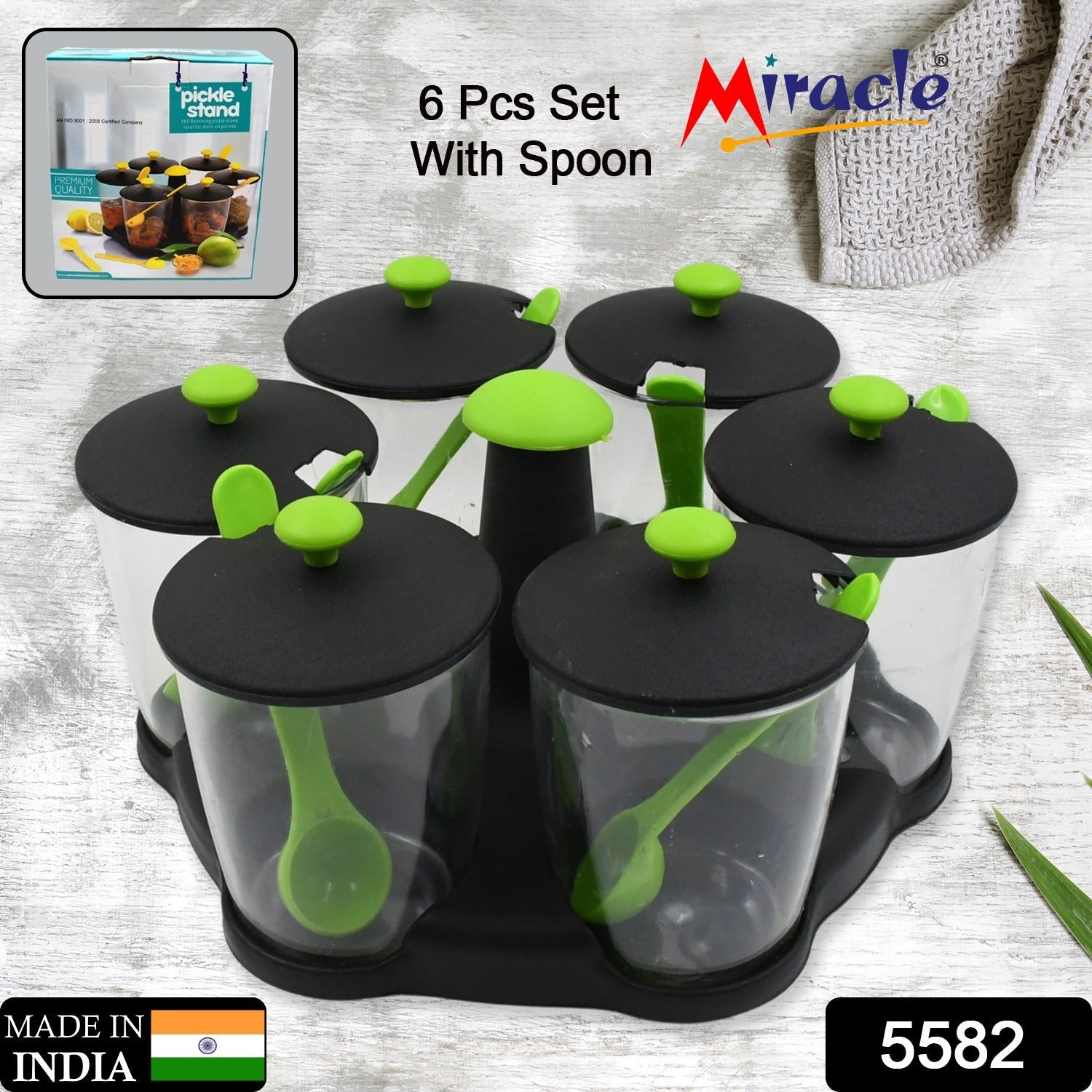 Multipurpose 6 Piece Miracle Revolving Plastic Spice Container Rack With 6 Spoon, Condiment Set, Masala Rack Set, Revolving Spice Rack Aachar Container Chutney Mukhwas Tray Masala Dining Spice Stand - Bhavnagar Deodap