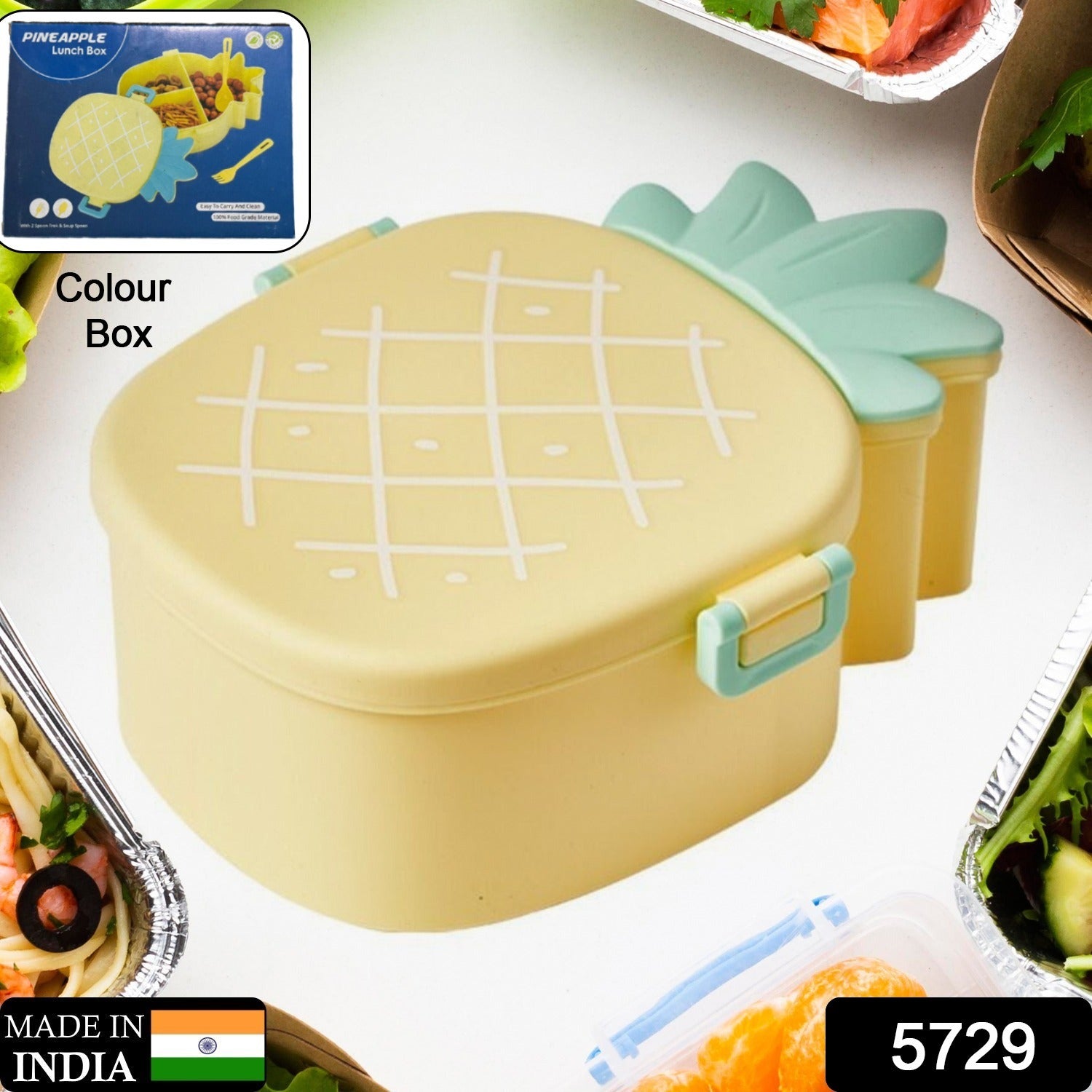 Kids Lunch Box Cute Pineapple Shaped Bento Box with Fork Spoon Snack Candy Container Microwave Portable Office Lunch Box (1 Pc / With Spoon, Fork & Color Box) - Bhavnagar Deodap