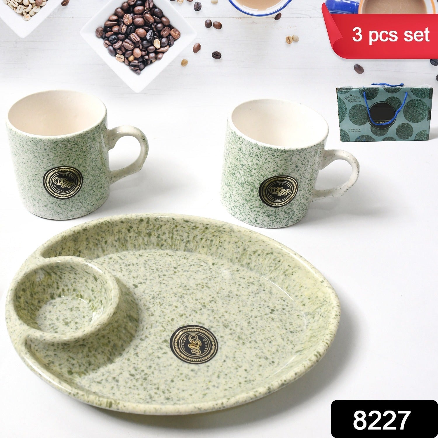 Alpino Ceramic Tea / Cups Set With Plastic Serving 2 Compartment Platter, Milk Cup / Mug, Coffee Cup, Tea Cup BPA Free Food Grade, or Outdoor for Household Gift For Birthday (3 Pcs Set) - Bhavnagar Deodap