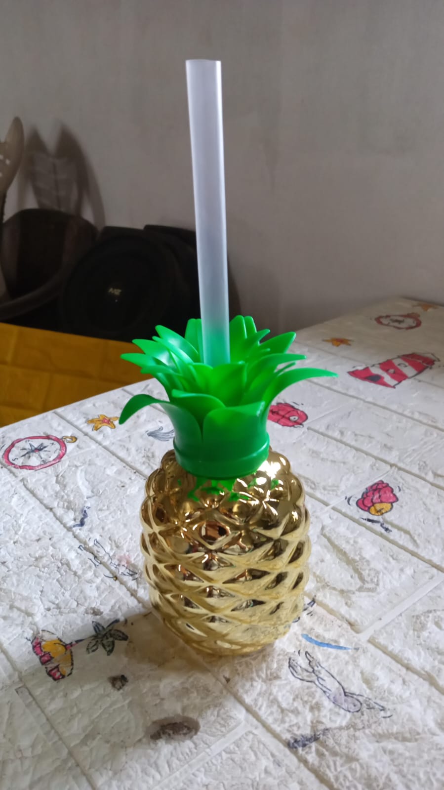 Plastic Pineapple Cups with Straw (1 Pc) - Party Favors, Hawaiian, Beach - Bhavnagar Deodap