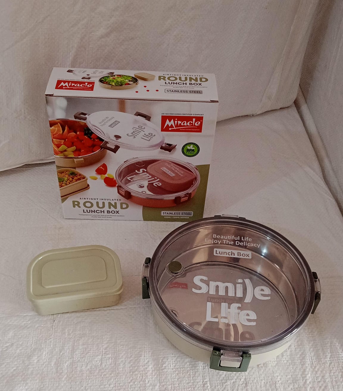 Miracle Stainless Steel Round Lunch Box, with Small Plastic Box Insert Leak Proof Lunch Box with Transparent lid, Lunch Box for Kids & Adults for School, Office (450 ML + 250 ML Approx) - Bhavnagar Deodap