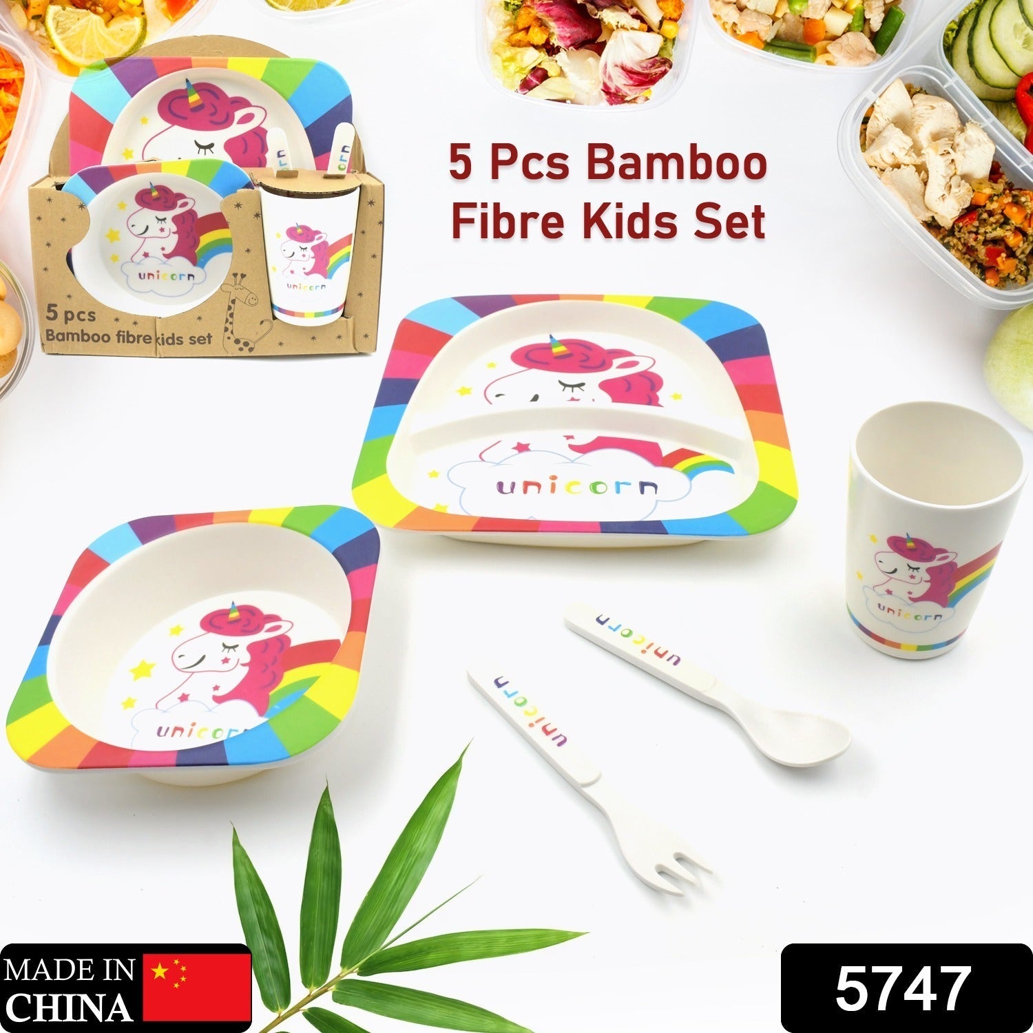 Bamboo Fiber Kids 1 Bowl, 1 Spoon, 1 Fork, 1 Glass, 1 Plate Unicorn Design for Kids and Toddlers, Children Dinnerware Set - Feeding Set for Kids, Cartoon Design Tableware Microwave & Dishwasher Safe (5 Pcs Set) - Bhavnagar Deodap