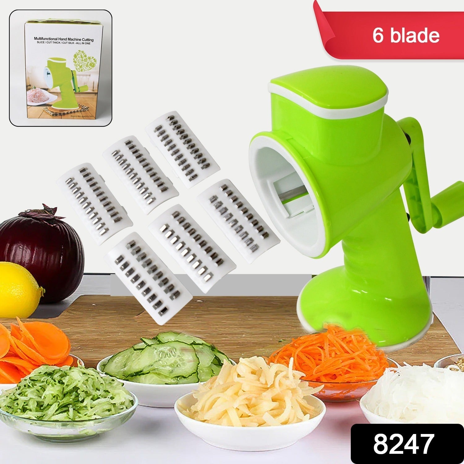6 in 1 Multi functional Vegetable Cutter & Slicer Hand Machine Cutting, Slice, Cut Thick, Cut Silk All in one –Vegetable Chopper Cutter & Slicing Cutter Barrel - Vegetable Grater with 6 Removable Blades - Bhavnagar Deodap