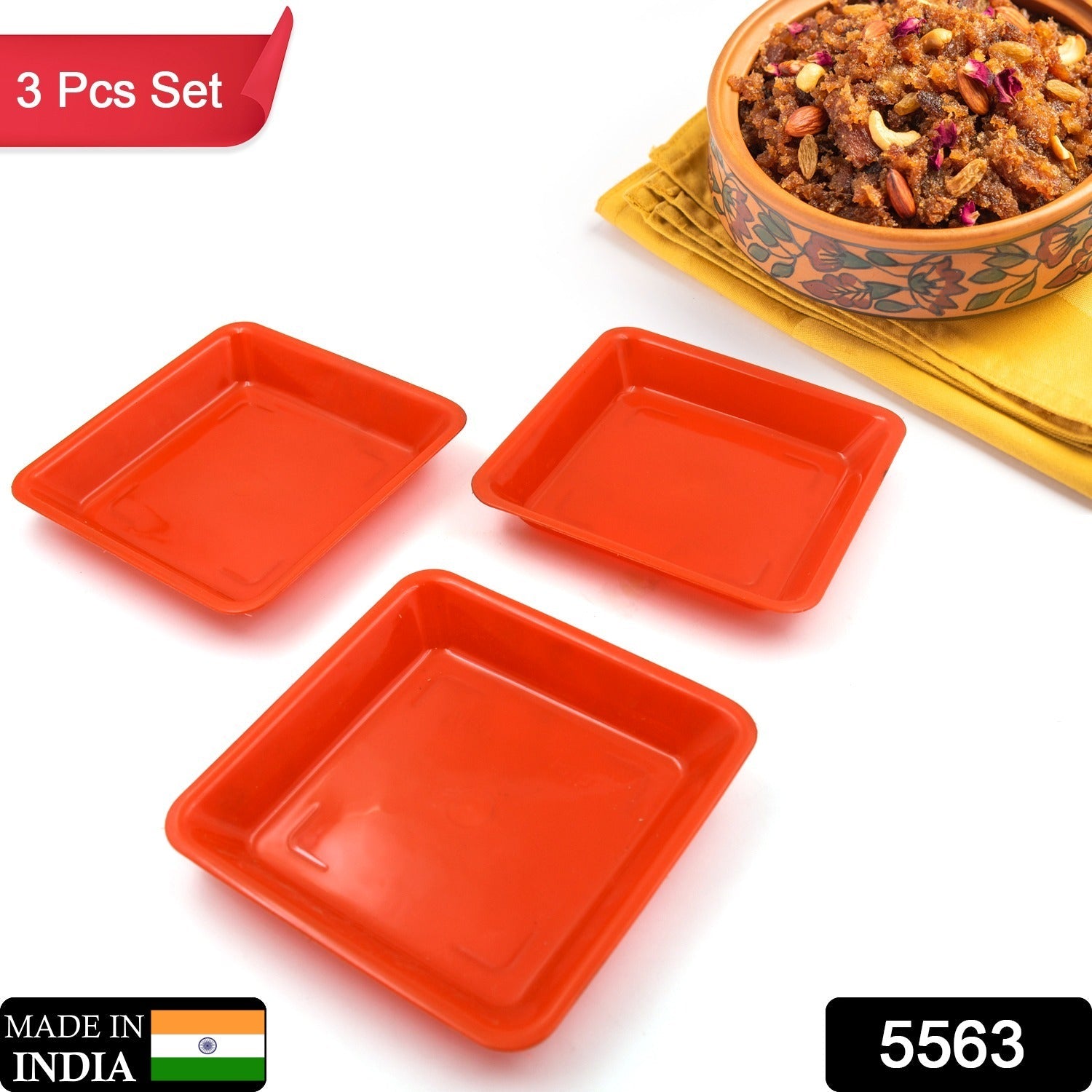 Square Plastic Halwa Dinner Plate Snacks / Breakfast, Restaurant Serving Trays Home School Coffee Hotel Kitchen Office (3 Pcs Set) - Bhavnagar Deodap