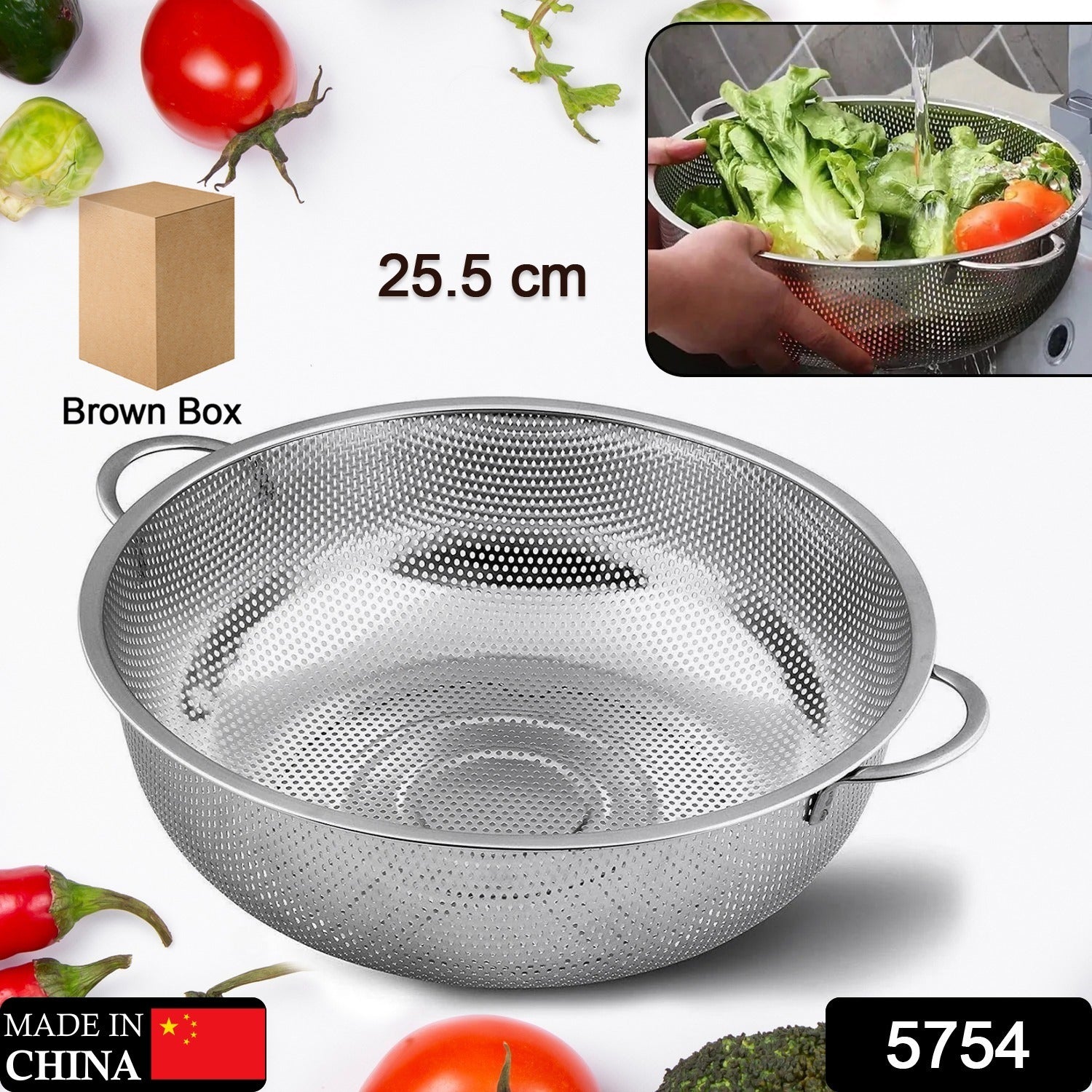 Stainless Steel Colander with Handle, Large Metal Mesh Basket Strainer for Pasta, Spaghetti, Berry, Veggies, Fruits,  Kitchen Food Colander, Dishwasher Safe (1 pc / 25.5 cm) - Bhavnagar Deodap