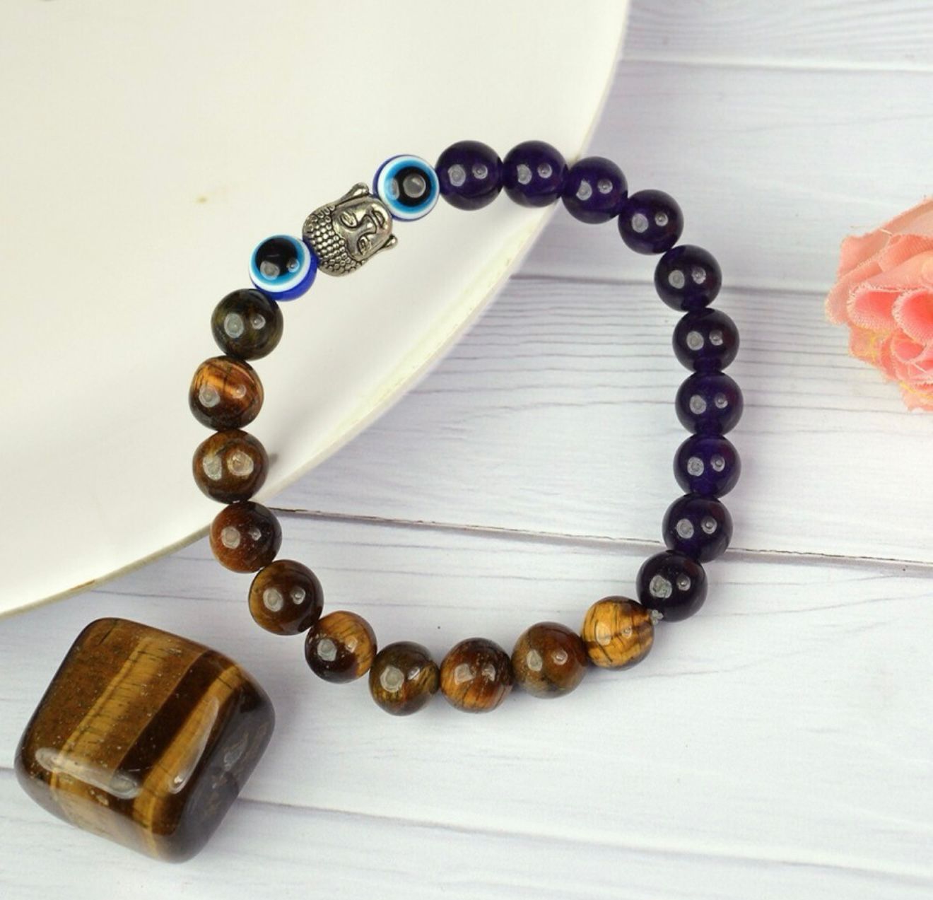 Stone Crystal Tiger's Eye Evil Eye Beads Charm Bracelet