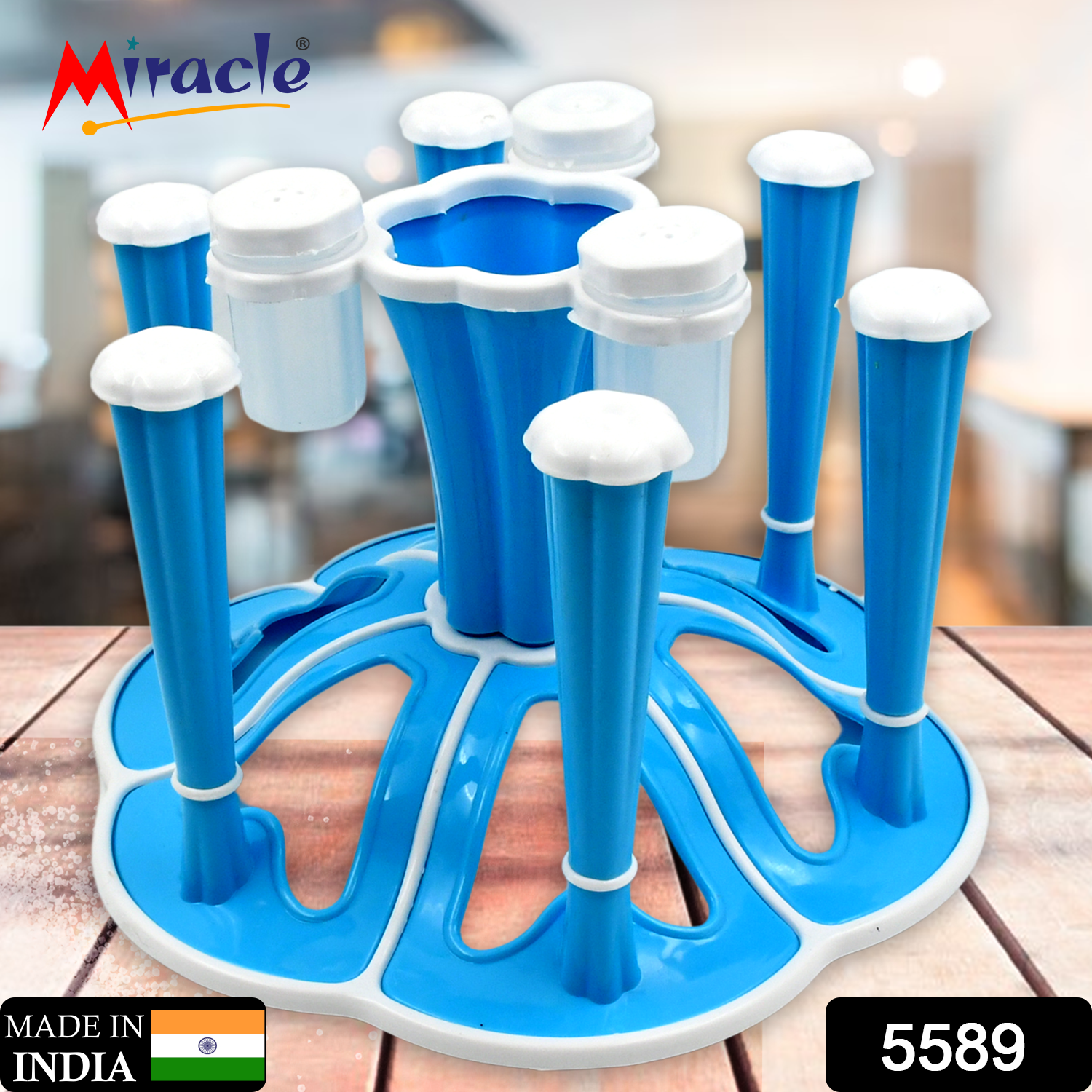 Miracle Plastic Glass Stand / Tumbler Holder / Glass Holder for Kitchen / Dining Table 6 Glasses Stand With 3 Pepper Salt (Moq :- 2 Pc) - Bhavnagar Deodap