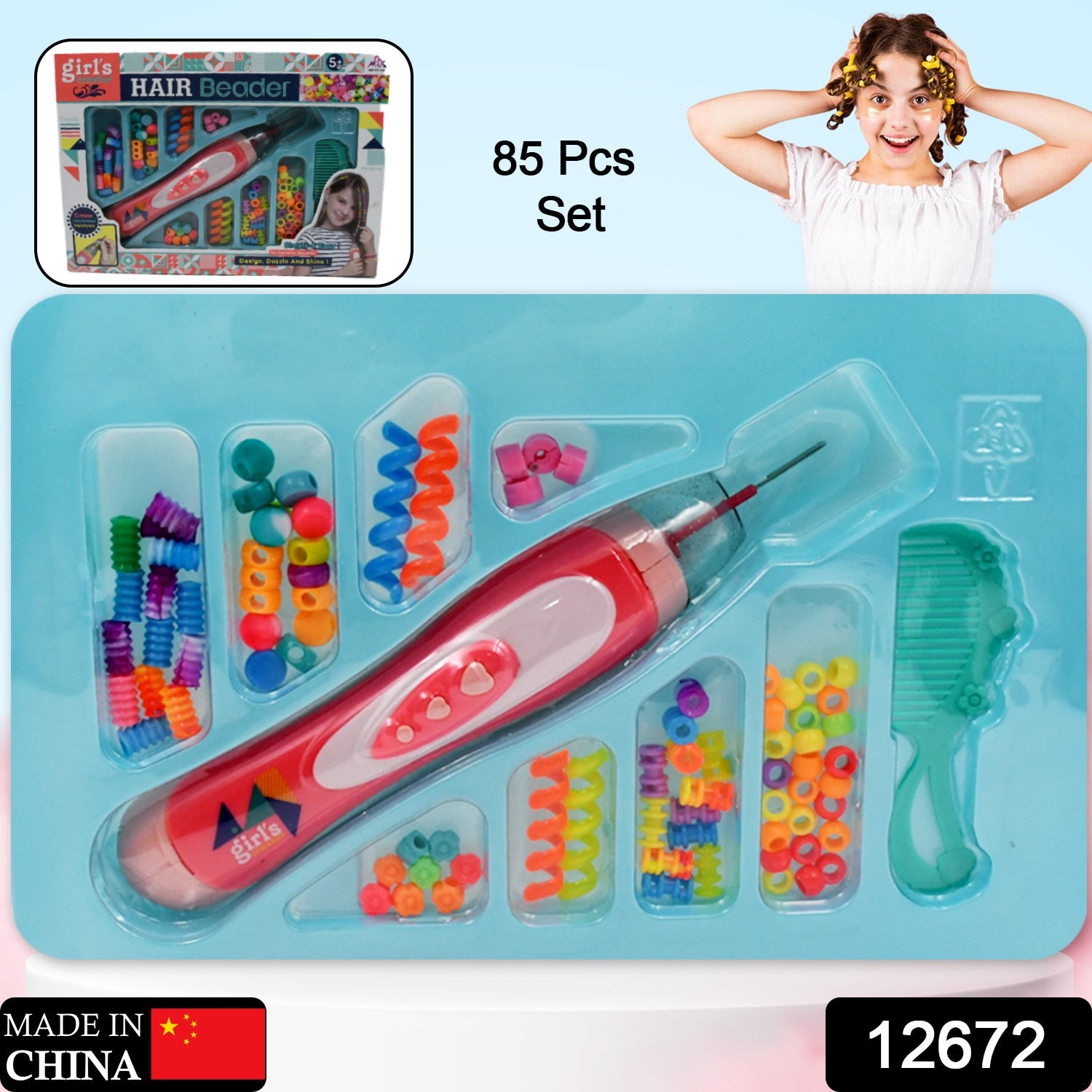 Hair Styling Clasp Clips Twisting Stringing Beads Kit for Girls, Portable Hair Braider Machine,Hairstyle Braid Kit DIY Hair Styling Tool with Comb, Rubber, Button Beads and Beads (85 Pcs Set) - Bhavnagar Deodap