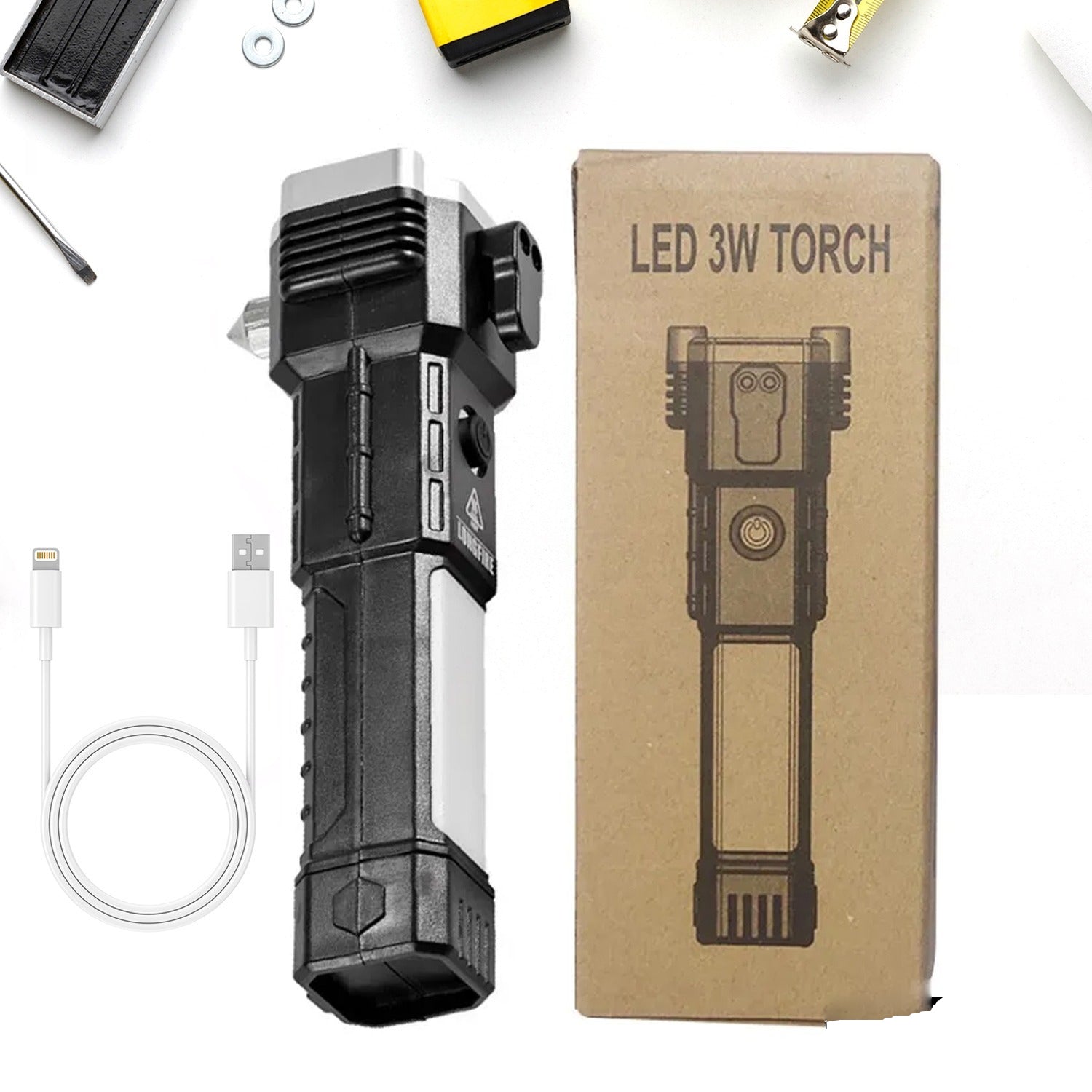 Portable 3w Rechargeable Torch LED Flashlight Long Distance Beam Range, Hammer and Strong Magnets, Window Glass and Seat Belt Cutter 4 Modes for Car Camping Hiking Indoor Outdoor - Bhavnagar Deodap