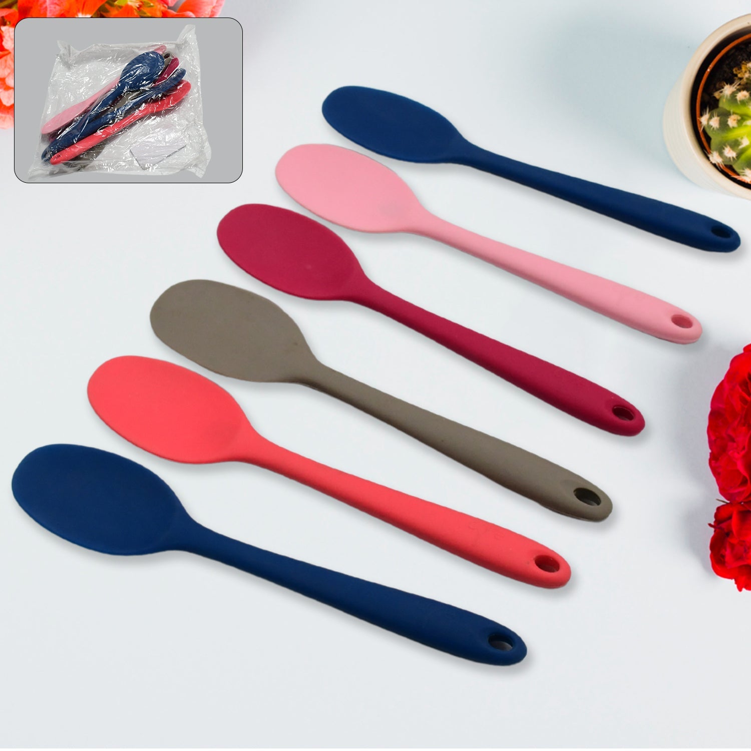 Multipurpose Silicone Spoon, Silicone Basting Spoon Non-Stick Kitchen Utensils Household Gadgets Heat-Resistant Non Stick Spoons Kitchen Cookware Items For Cooking and Baking (6 Pcs Set) - Bhavnagar Deodap